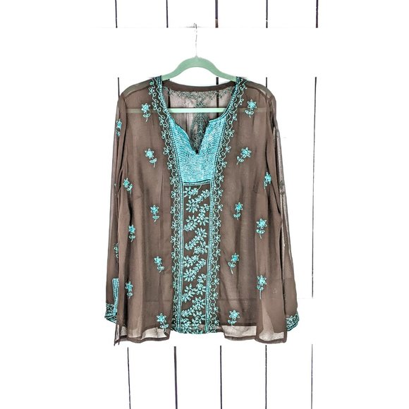 Brown floral blue sequin beaded sheer tribal Indian boho tunic long sleeve top - Picture 2 of 6